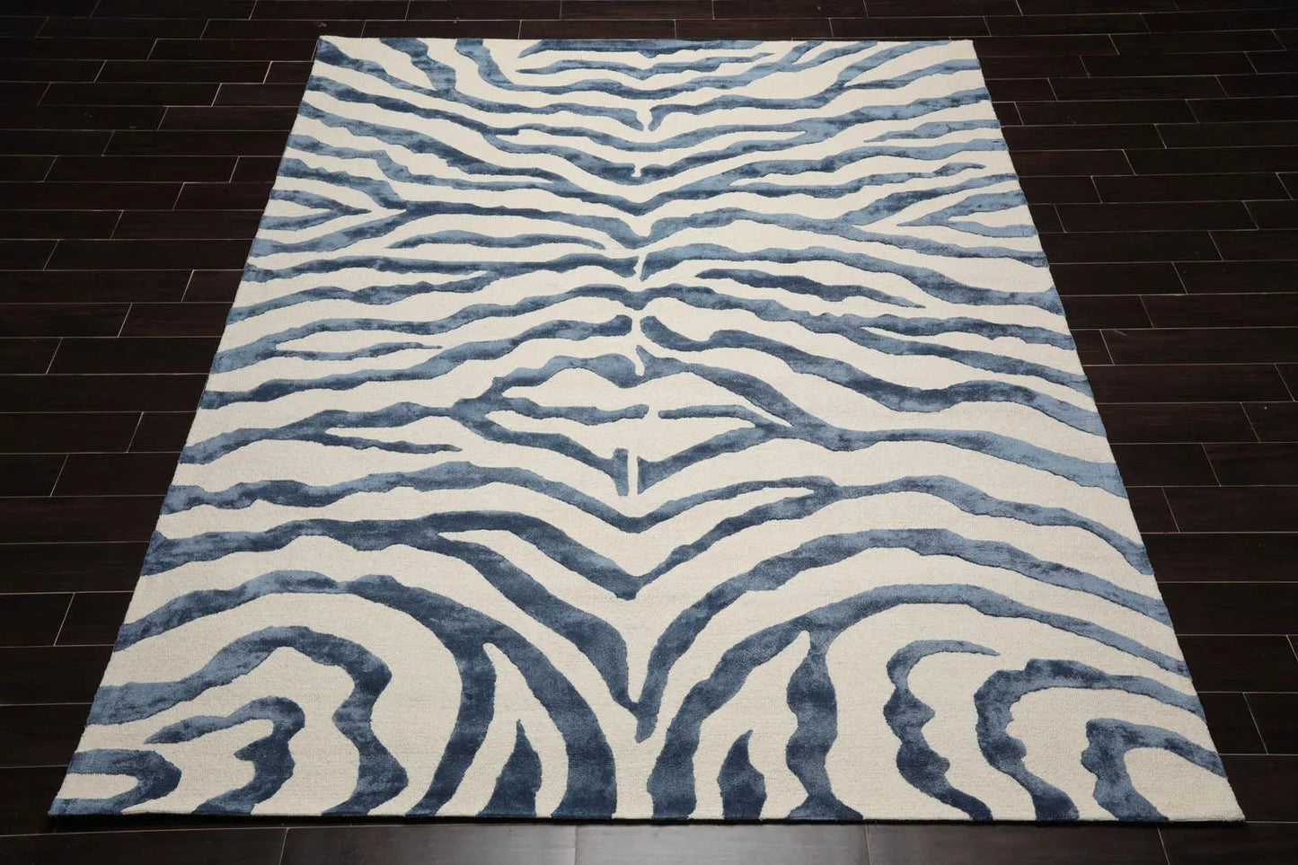 Multi Sizes Handmade Wool & Faux Silk Animal Print Zebra Area Rug Ivory Blue