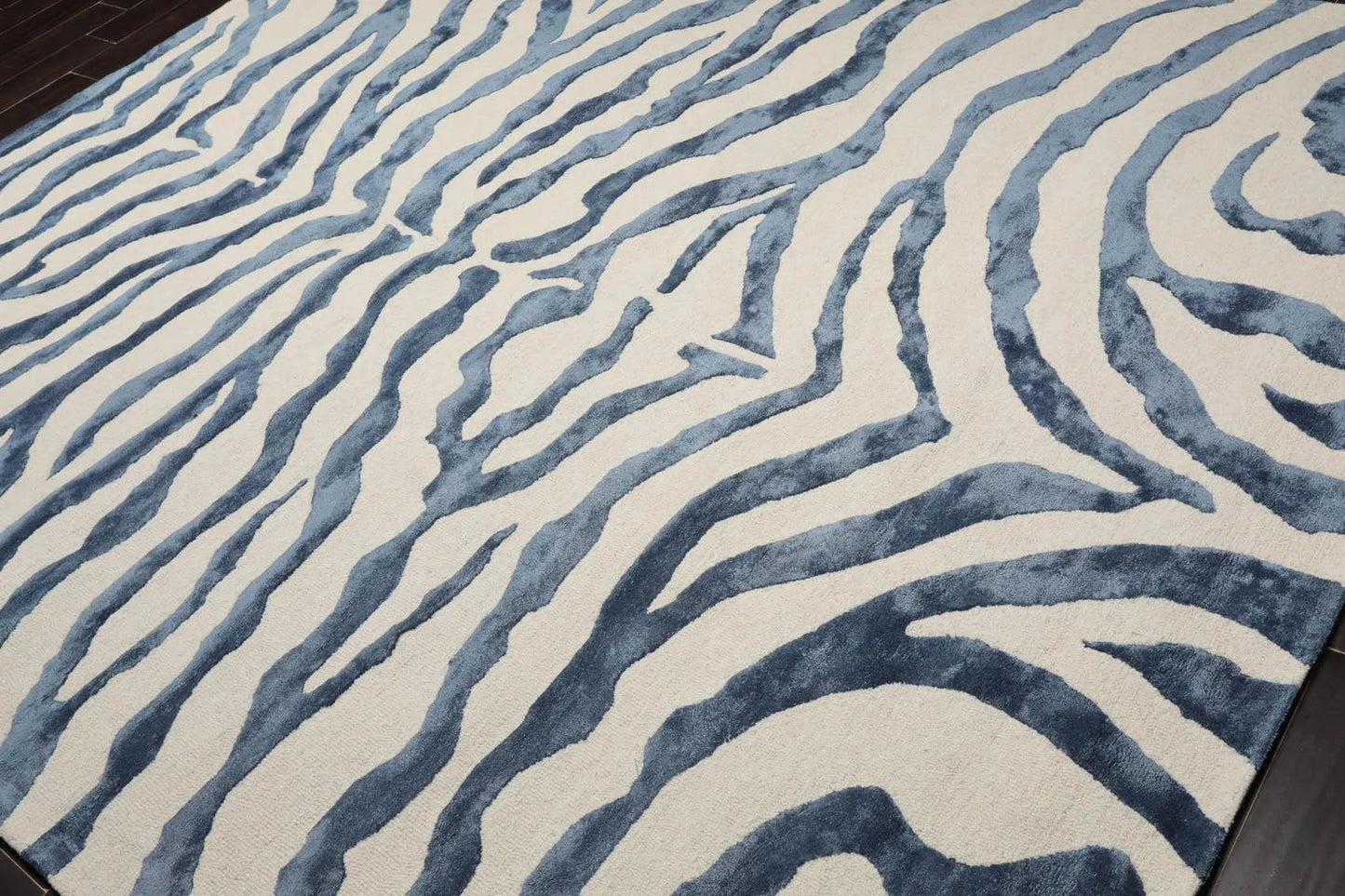 Multi Sizes Handmade Wool & Faux Silk Animal Print Zebra Area Rug Ivory Blue