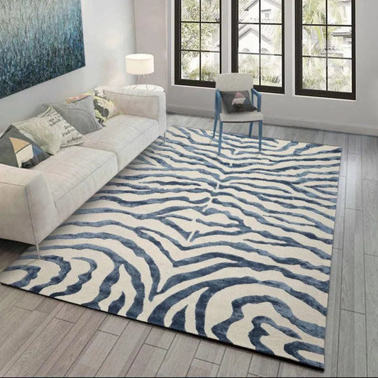 Multi Sizes Handmade Wool & Faux Silk Animal Print Zebra Area Rug Ivory Blue